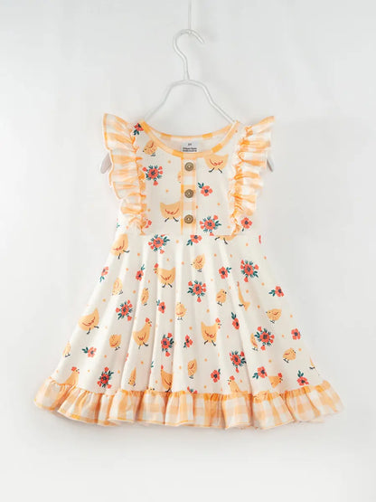 FINAL SALE-Easter Yellow Chicken Ruffle Girl Twirl Dress