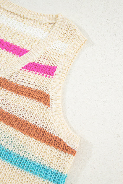 Khaki Stripe Textured Knit V Neck Sweater Vest