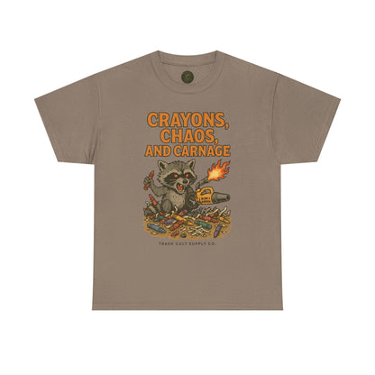 Crayons, Chaos, and Carnage T-Shirt – Dark Humor Raccoon Graphic | Trash Cult Supply Co. | Gildan 5000 Tee