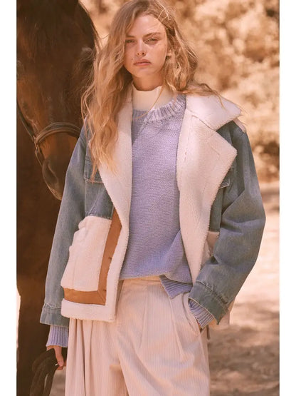 Color Block Denim Suede Fuzzy Jacket