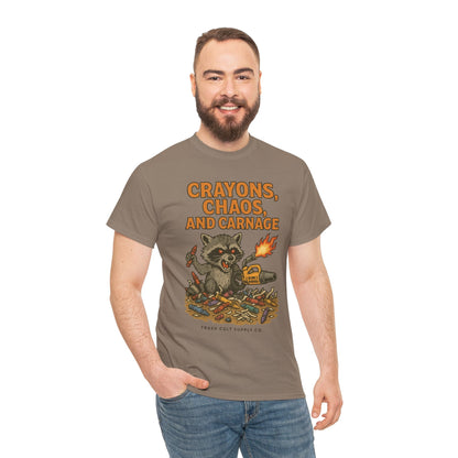 Crayons, Chaos, and Carnage T-Shirt – Dark Humor Raccoon Graphic | Trash Cult Supply Co. | Gildan 5000 Tee