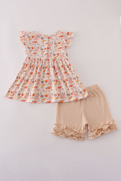 Beige french knot ruffle shorts set