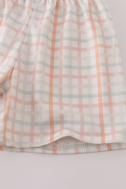 Neutral plaid french knot shorts set