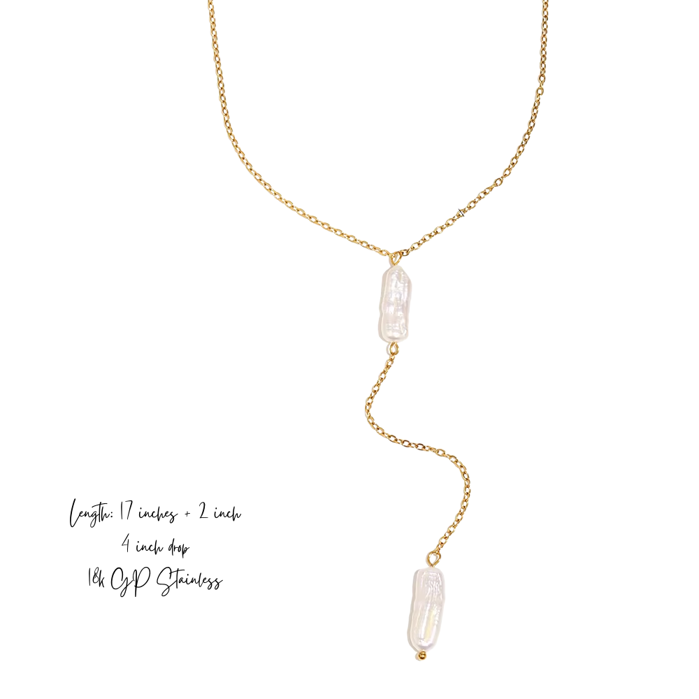 Delicate Drop Pearl Lariat Necklace - Stainless Steel