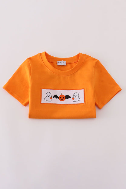 Orange Halloween pumpkin ghost embroidery top
