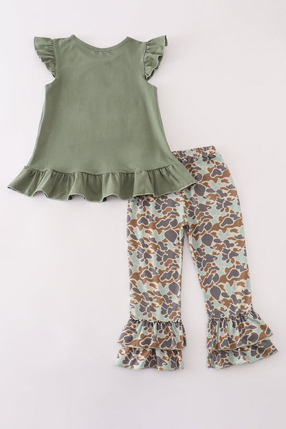 Camouflage print pumpkin applique ruffle pants set