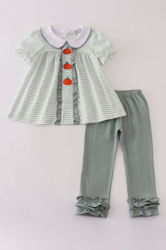 Sage stripe french knot ruffle pants set