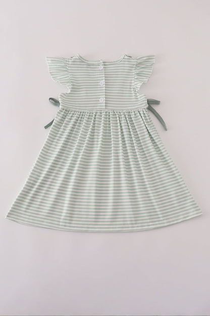 Sage stripe french knot ruffle dress