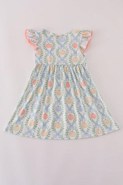 Green bow print embroidery ruffle dress