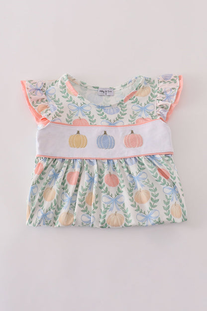 Green bow print embroidery ruffle dress