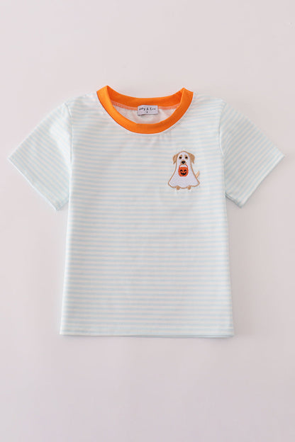 Blue puppy pumpkin embroidery stripe top