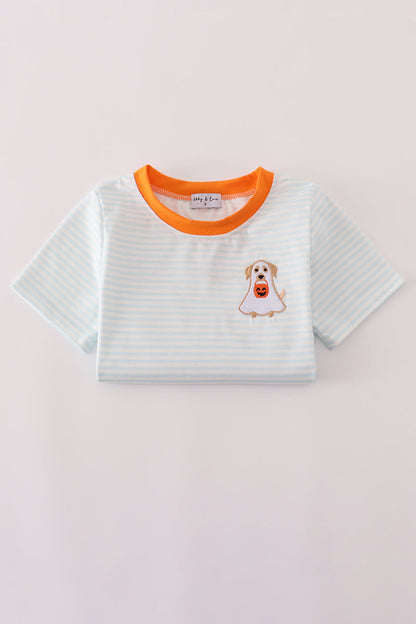 Blue puppy pumpkin embroidery stripe top