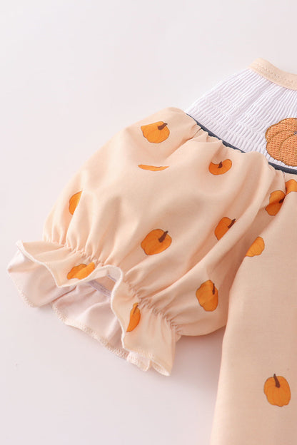 Khaki embroidery smocked ruffle pants set