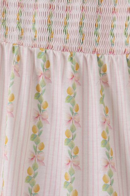 Pink lemon print bow smocked tiered mom&me dress