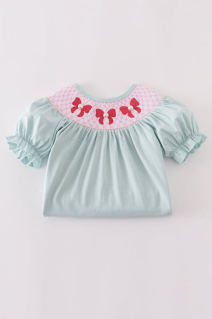 Blue bow pearl smocked dress