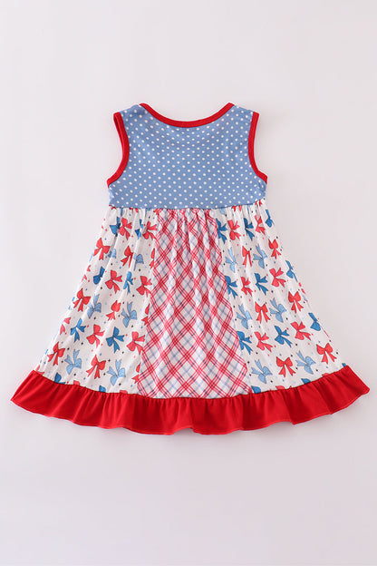 Blue bow print ruffle dress