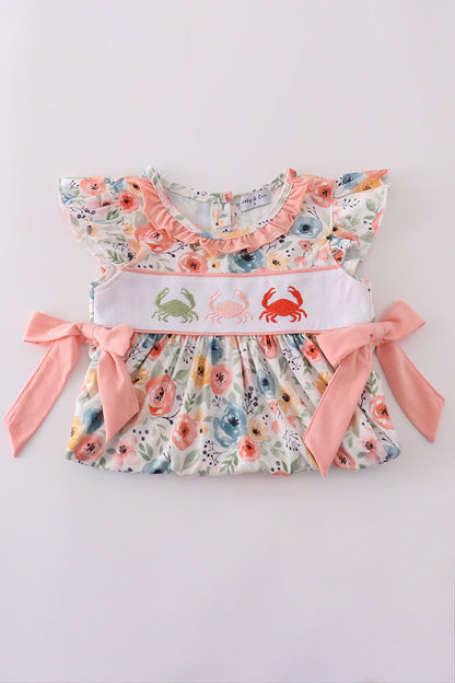 Floral crab embroidery bow ruffle dress