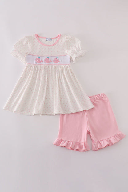Pink whale embroidery smocked ruffle shorts set