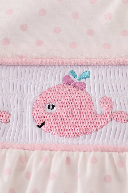 Pink whale embroidery smocked ruffle shorts set