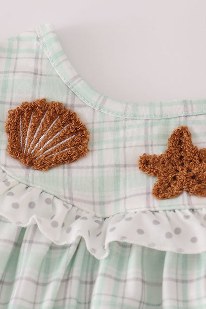 Green plaid sea shell starfish french knot ruffle shorts set