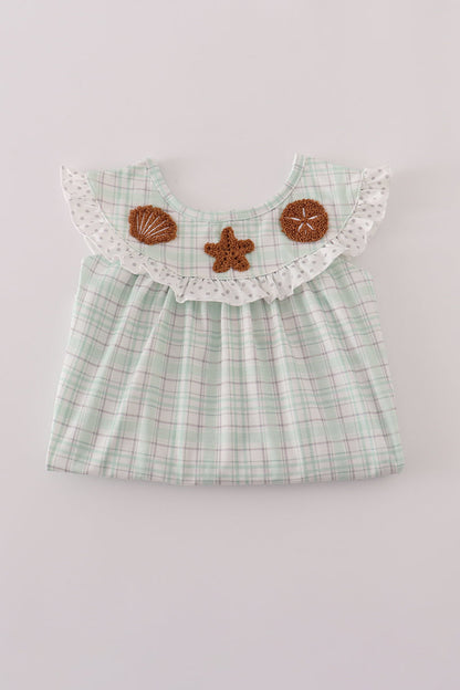 Green plaid sea shell starfish french knot ruffle shorts set