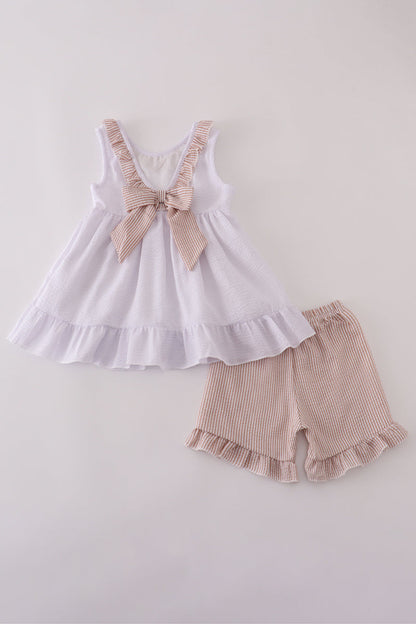 Brown white seersucker stripe ruffle shorts set