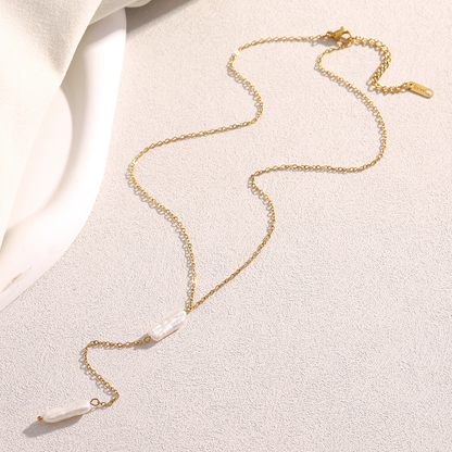 Delicate Drop Pearl Lariat Necklace - Stainless Steel