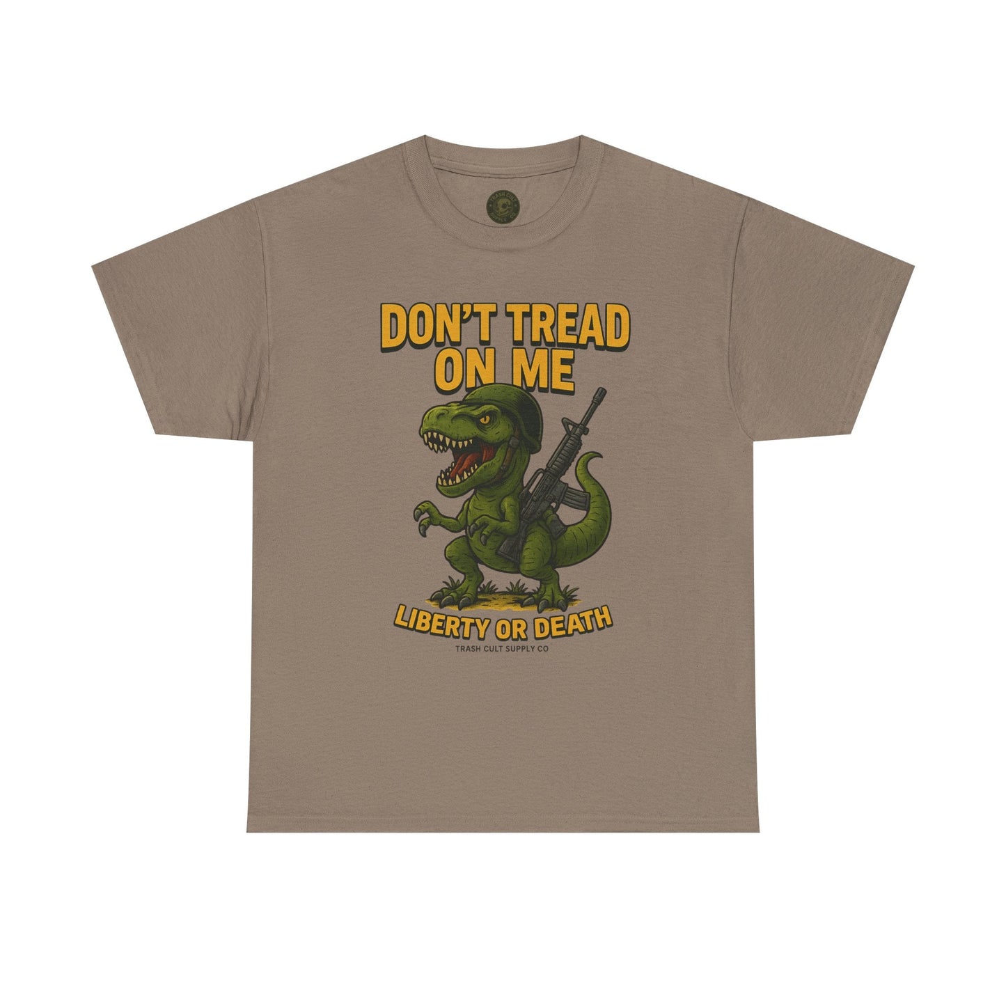 Don’t Tread On Me T-Rex T-Shirt – Liberty or Death Graphic | Trash Cult Supply Co. | Gildan 5000 Heavy Cotton