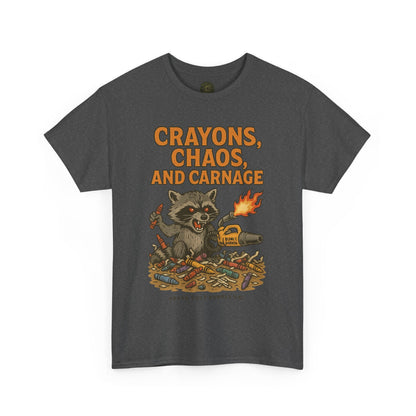 Crayons, Chaos, and Carnage T-Shirt – Dark Humor Raccoon Graphic | Trash Cult Supply Co. | Gildan 5000 Tee