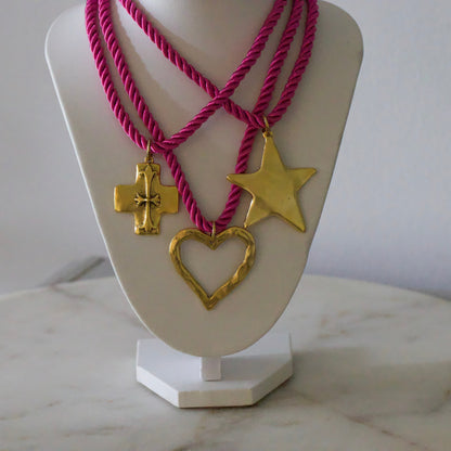 Silk Cord Pendant Necklace – Gold Star, Heart, or Cross