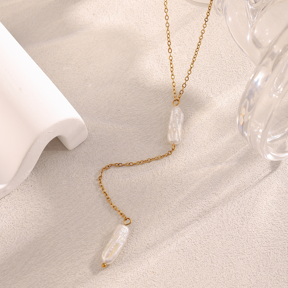 Delicate Drop Pearl Lariat Necklace - Stainless Steel