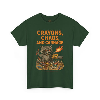 Crayons, Chaos, and Carnage T-Shirt – Dark Humor Raccoon Graphic | Trash Cult Supply Co. | Gildan 5000 Tee