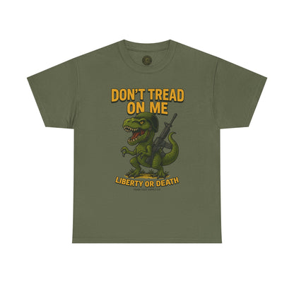 Don’t Tread On Me T-Rex T-Shirt – Liberty or Death Graphic | Trash Cult Supply Co. | Gildan 5000 Heavy Cotton