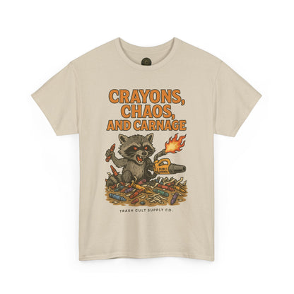 Crayons, Chaos, and Carnage T-Shirt – Dark Humor Raccoon Graphic | Trash Cult Supply Co. | Gildan 5000 Tee