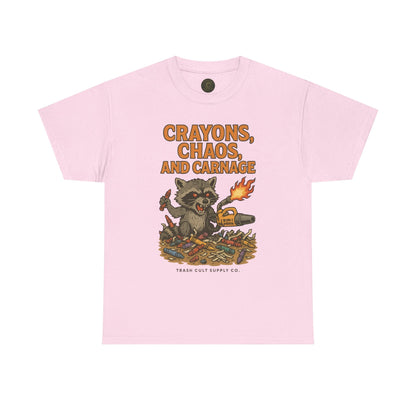 Crayons, Chaos, and Carnage T-Shirt – Dark Humor Raccoon Graphic | Trash Cult Supply Co. | Gildan 5000 Tee