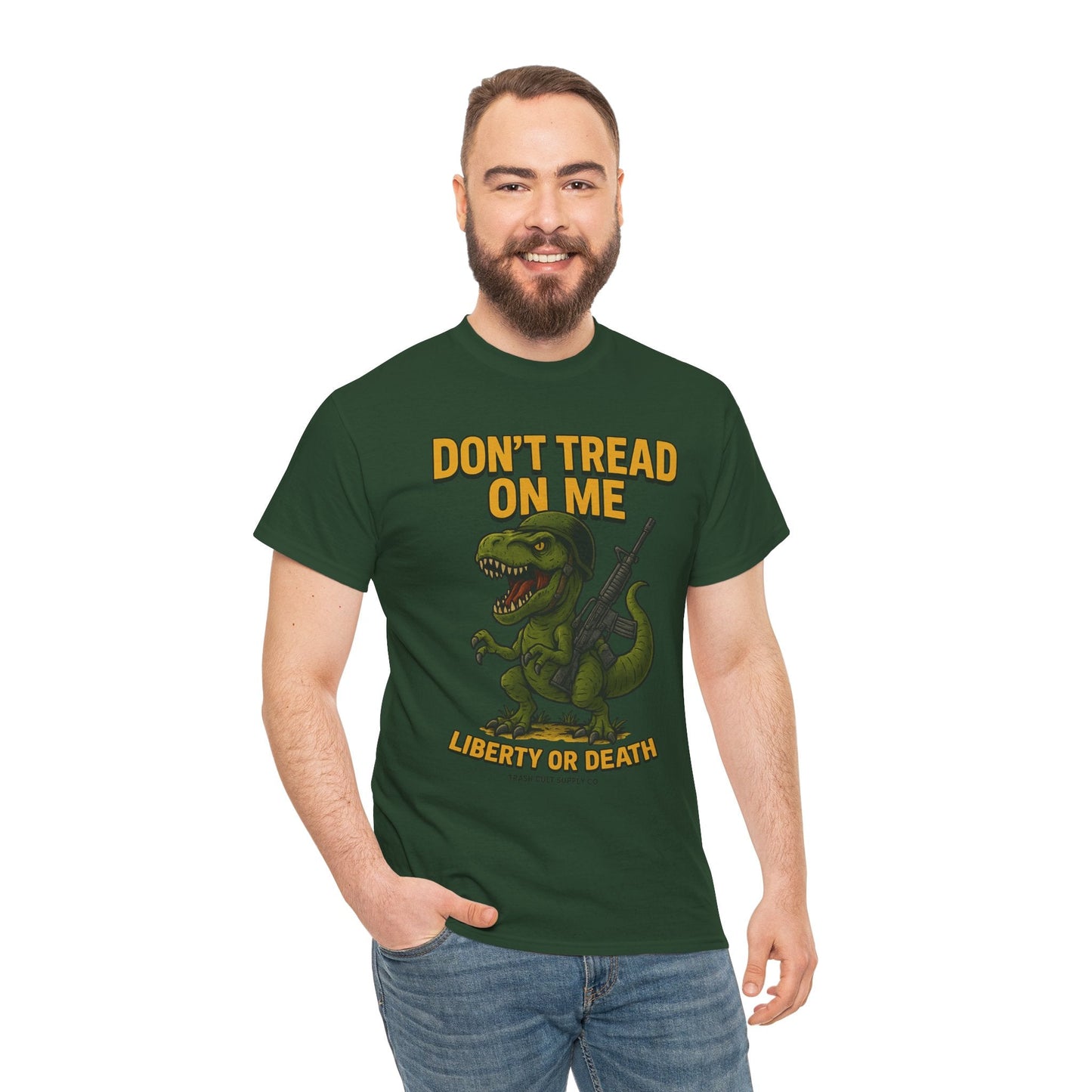 Don’t Tread On Me T-Rex T-Shirt – Liberty or Death Graphic | Trash Cult Supply Co. | Gildan 5000 Heavy Cotton