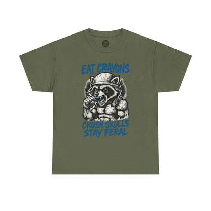 Eat Crayons Crush Skulls Stay Feral Military Raccoon Shirt – Gildan 5000