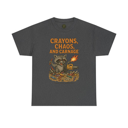 Crayons, Chaos, and Carnage T-Shirt – Dark Humor Raccoon Graphic | Trash Cult Supply Co. | Gildan 5000 Tee