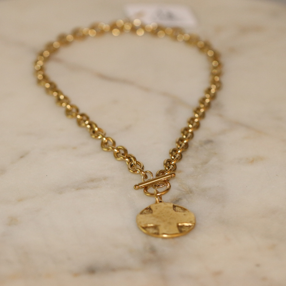 The Lord's Prayer Cross Medallion Toggle Necklace Gold or Silver