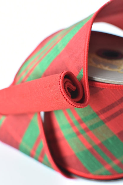 4" x 10yd Double Faced Red/Green Plaid Faux Dupioni Ribbon