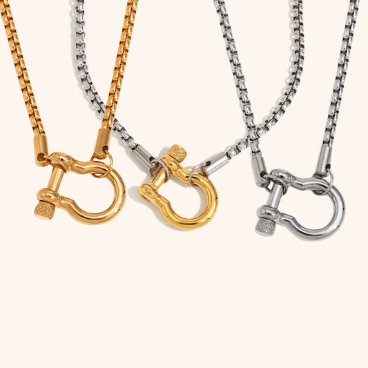 Buckle Lock Necklace - Shackle Clasp Box Chain - Stainless Steel