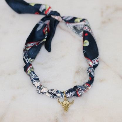 No Bull in Navy Scarf Necklace