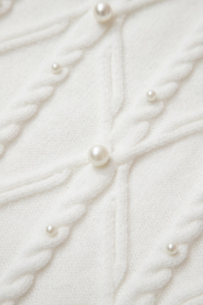 White Pearled High Neck Textured Knit Sweater Vest