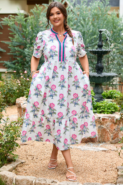 White Allover Print Contrast Split Neckline Short Puff Sleeve Curvy Dress