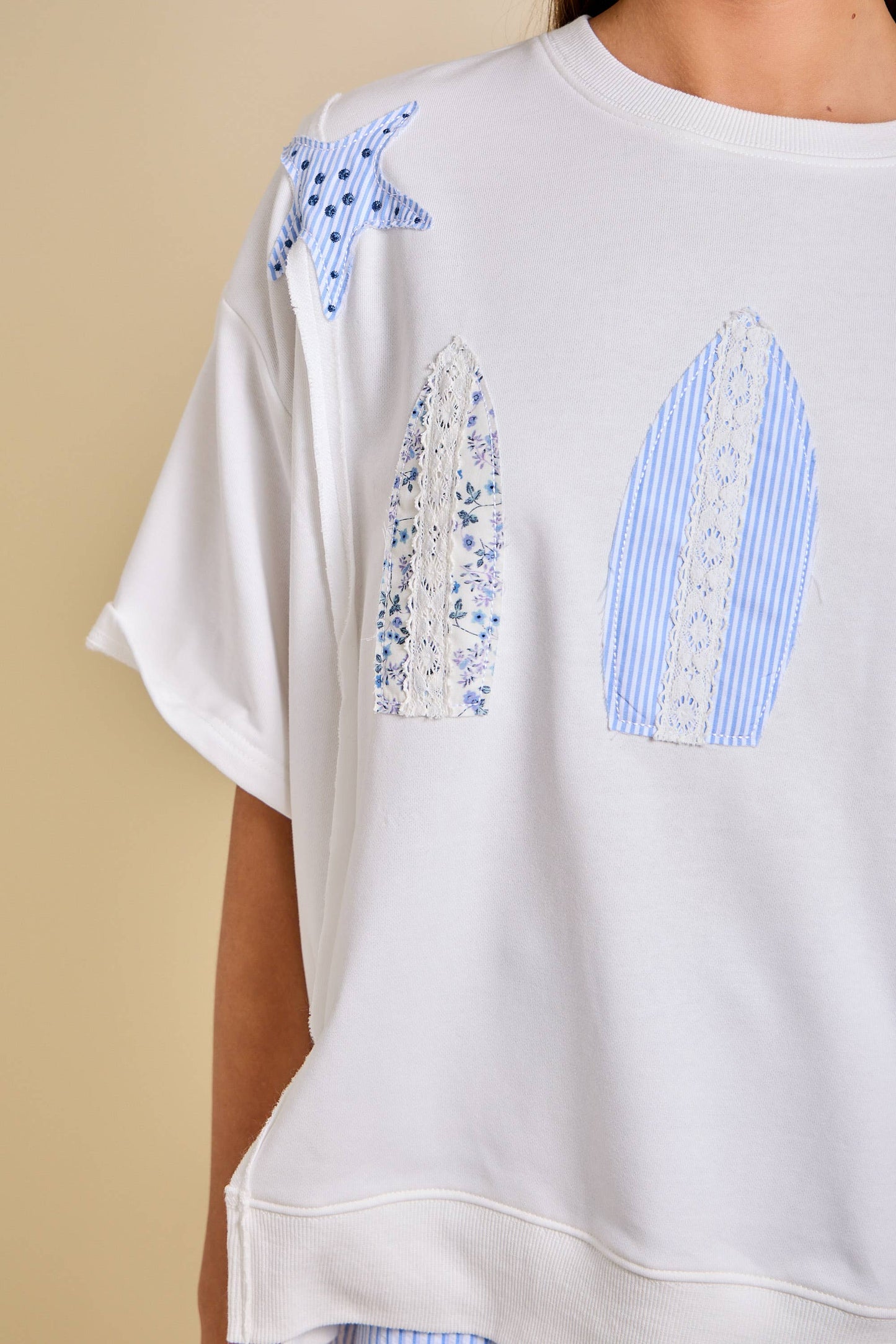 Ladies Surfboard Patchwork Tee – Coastal Summer Top