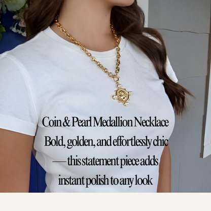 Coin & Pearl Medallion Necklace - Stainless Steel