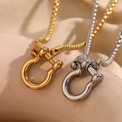 Buckle Lock Necklace - Shackle Clasp Box Chain - Stainless Steel