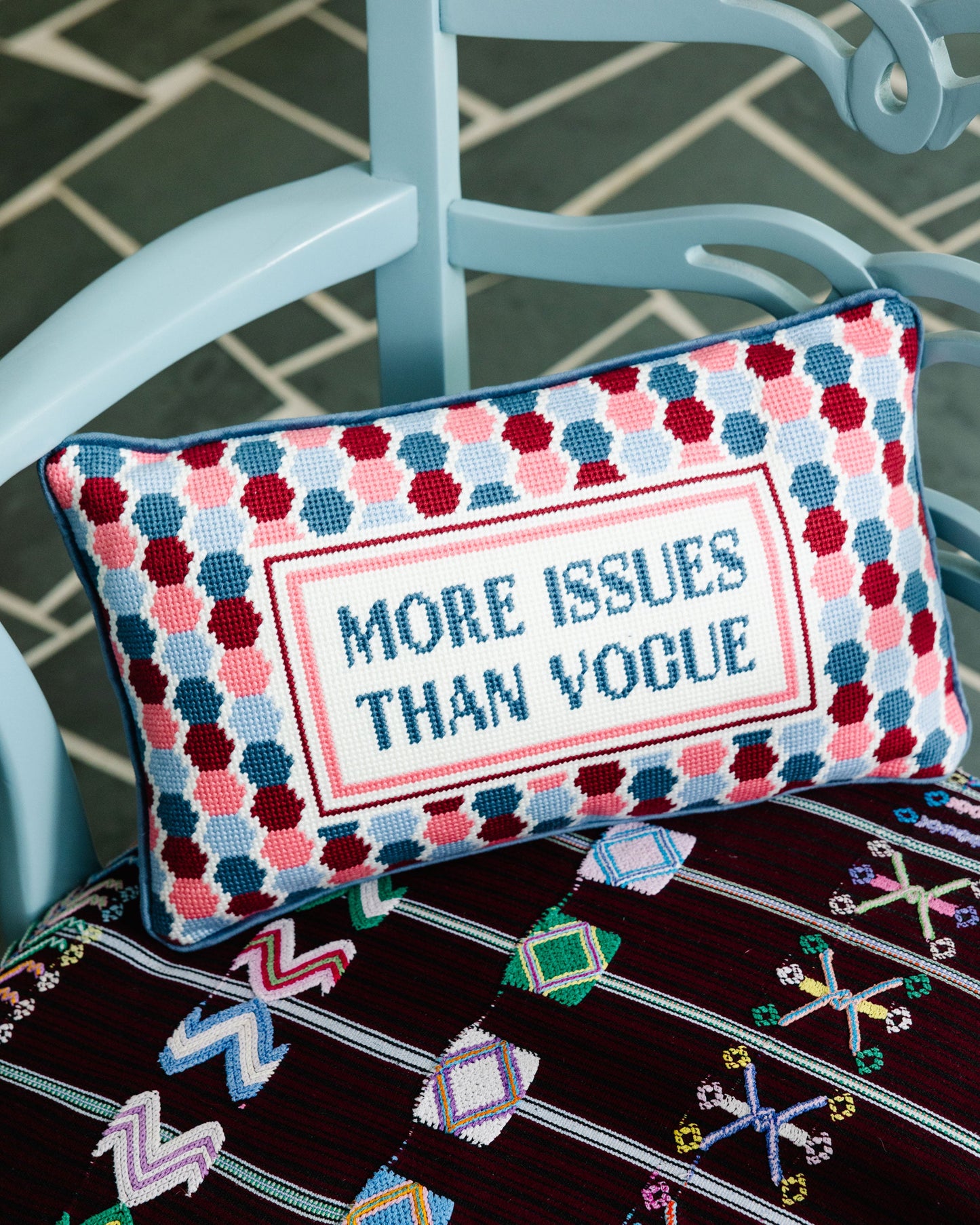 More Issues Needlepoint Pillow