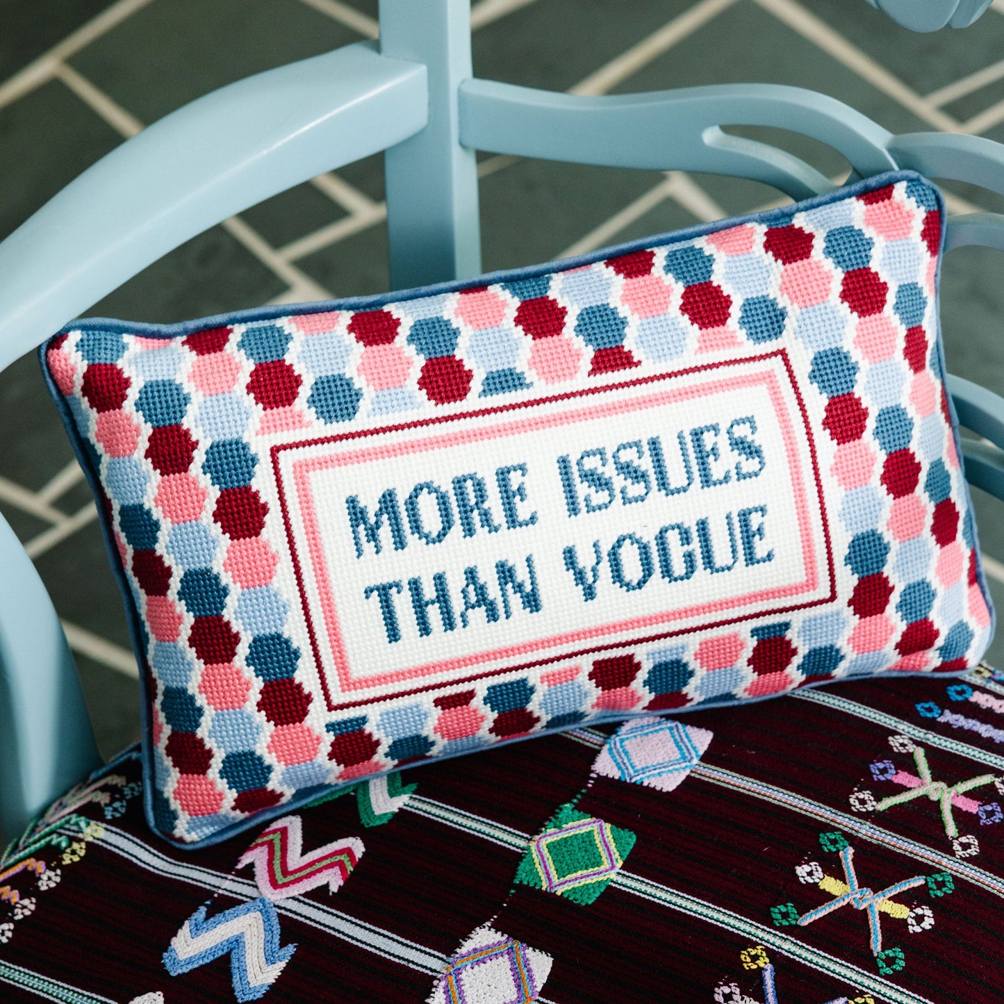 More Issues Needlepoint Pillow