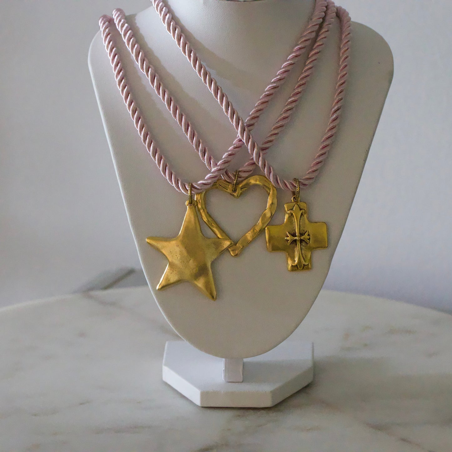 Silk Cord Pendant Necklace – Gold Star, Heart, or Cross